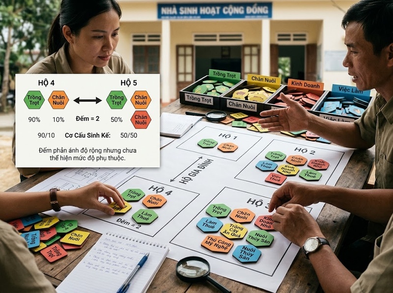 Chỉ báo đa dạng sinh kế nào phản ánh rõ nguồn thu và hoạt động?