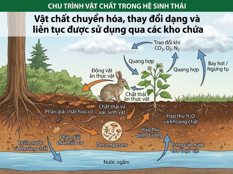 Chu trình vật chất mô tả sự tuần hoàn của các nguyên tố trong tự nhiên