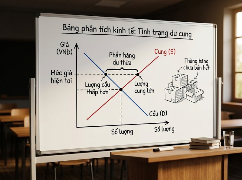 Cung lớn hơn cầu dẫn đến dư cung và áp lực điều chỉnh giá ra sao?