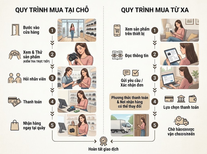 So sánh mua bán tại chỗ và từ xa về tiếp cận và thực hiện giao dịch