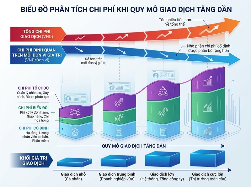 Quy mô giao dịch và chi phí thay đổi theo giá trị và cách tổ chức trao đổi