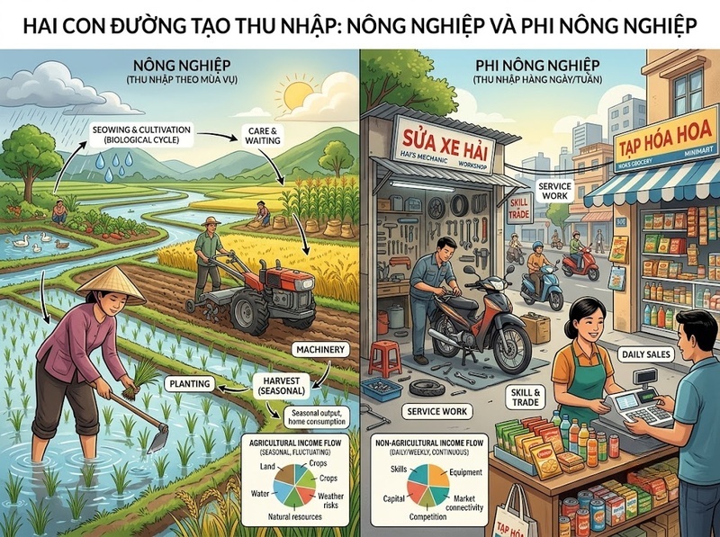 So sánh sinh kế nông nghiệp và phi nông nghiệp về nguồn lực, thu nhập