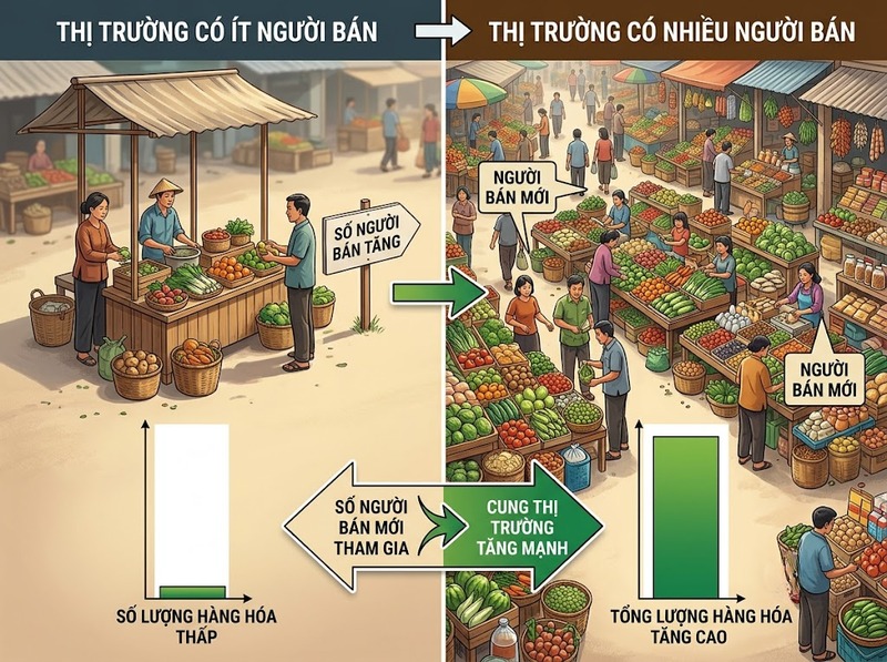 Số lượng người bán và cung thị trường thay đổi cùng nhau ra sao?