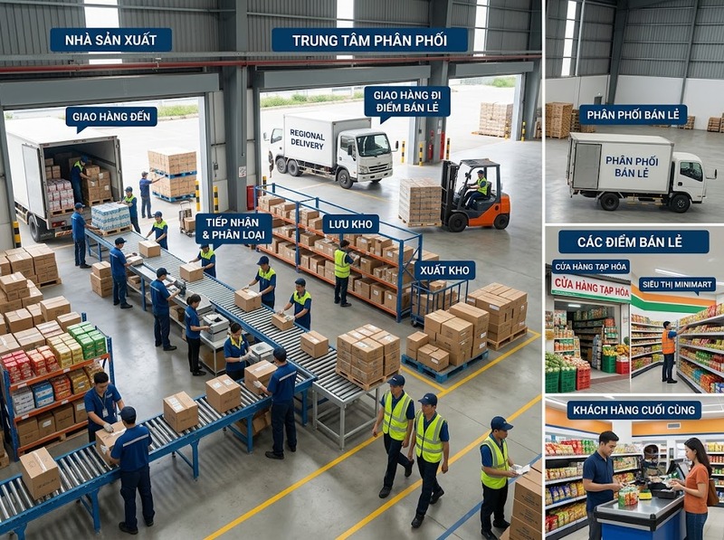 Thành phần kênh thị trường từ người sản xuất, trung gian đến người mua