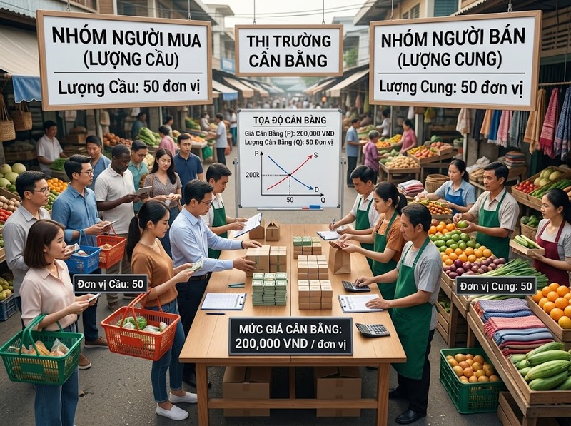 Xác định điểm cân bằng thị trường tại nơi lượng cung bằng lượng cầu